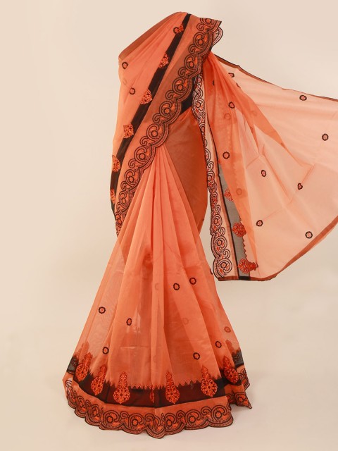 

Pothys Orange Embroidered Supernet Saree