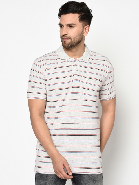 Duke Men Grey Striped Polo Collar T-shirt