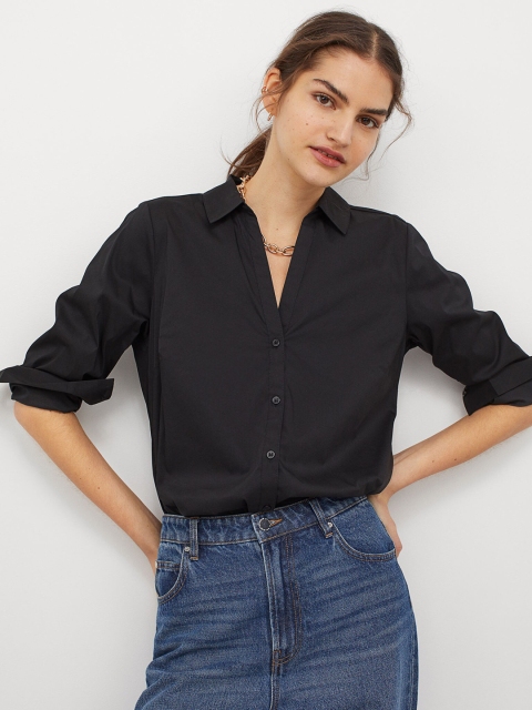 H&M Women Black Solid Cotton Poplin Shirt