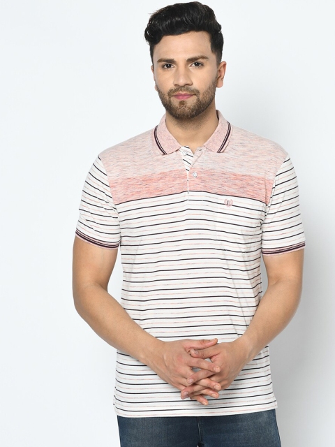 

Duke Men White Striped Polo Collar Cotton T-shirt