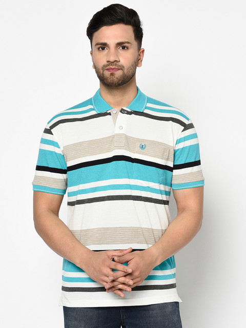 

Duke Men Blue & White Striped Polo Collar T-shirt