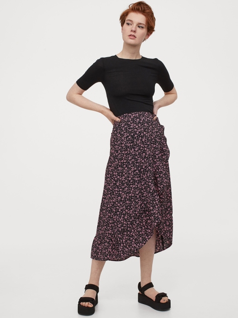 

H&M Women Black & Pink Printed Flounced Wrapover Skirt