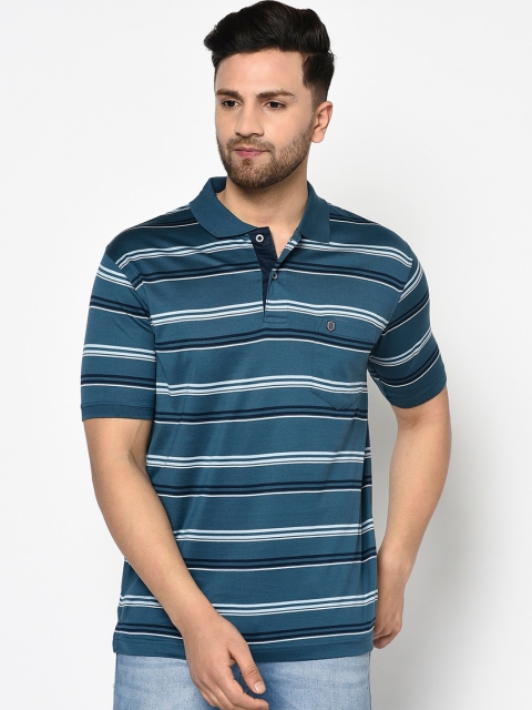 

Duke Men Blue Striped Polo Collar T-shirt
