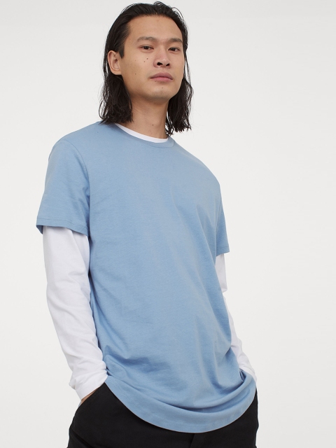 

HM Men Blue Solid Pure Cotton T-shirt Long Fit