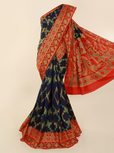 

Pothys Navy Blue & Orange Cotton Blend Printed Saree