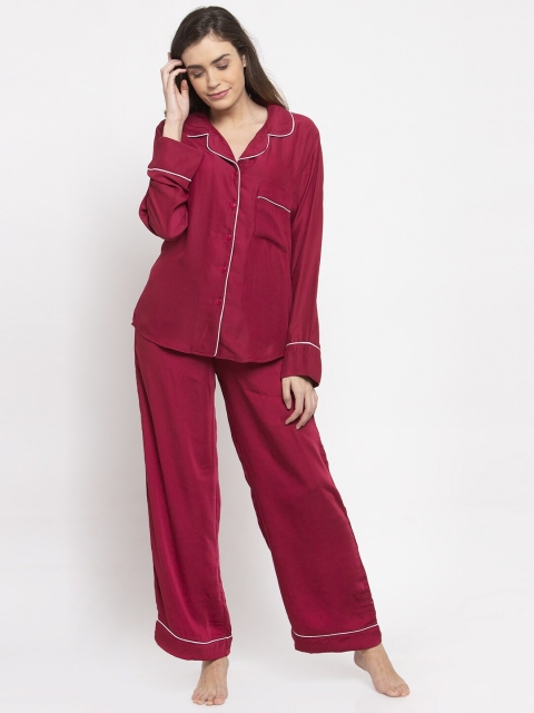 

DOOR74 Women Maroon Solid Night Suit