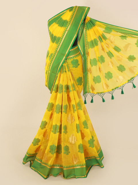 

Pothys Yellow & Green Cotton Blend Printed Saree