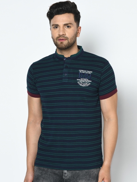 

Duke Men Blue Striped Henley Neck T-shirt