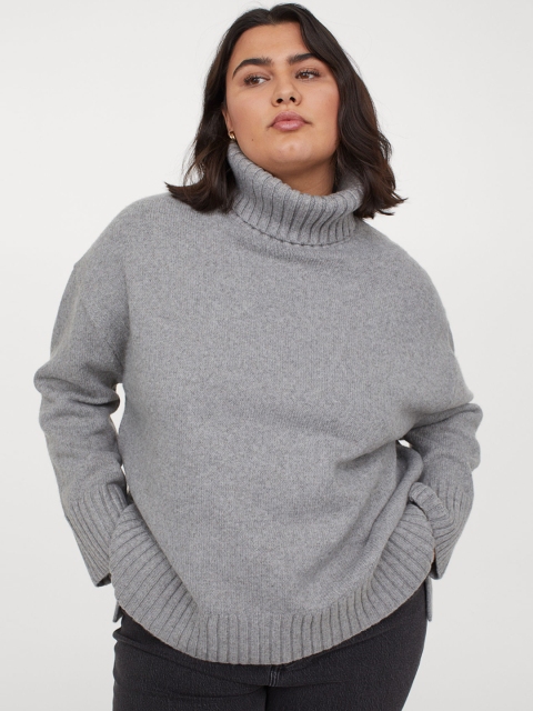 

H&M Plus Women Grey Ribbed Polo-Neck Jumper