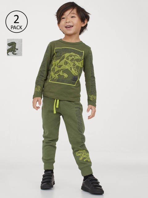

H&M Boys Olive Green & Grey Melange 2-Pack Printed Joggers