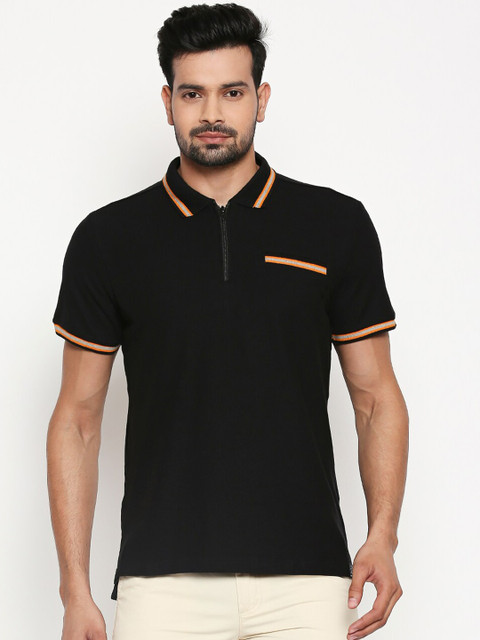

People Men Black Solid Polo Collar Pure Cotton T-shirt