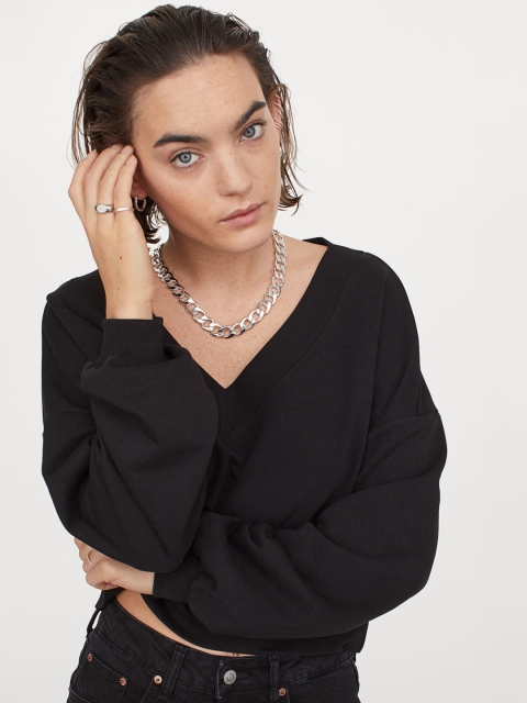 

H&M Women Black Solid V-Neck Sweatshirt