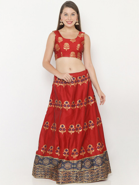 

SALWAR STUDIO Women Red & Gold Coloured Woven Design Unstitched Blouse With Semi-Stitched Lehenga