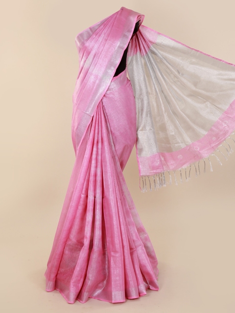 

Pothys Pink & Silver-Toned Linen Blend Woven Design Saree