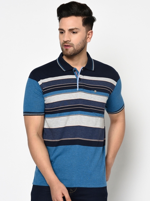 

Duke Men Blue Striped Polo Collar T-shirt