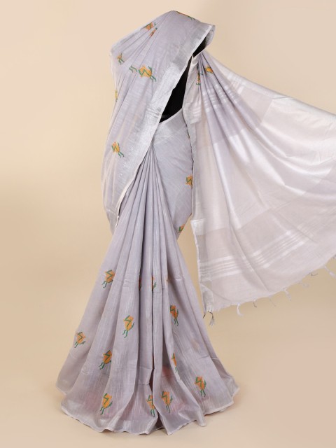 

Pothys Grey Embroidered Linen Blend Saree