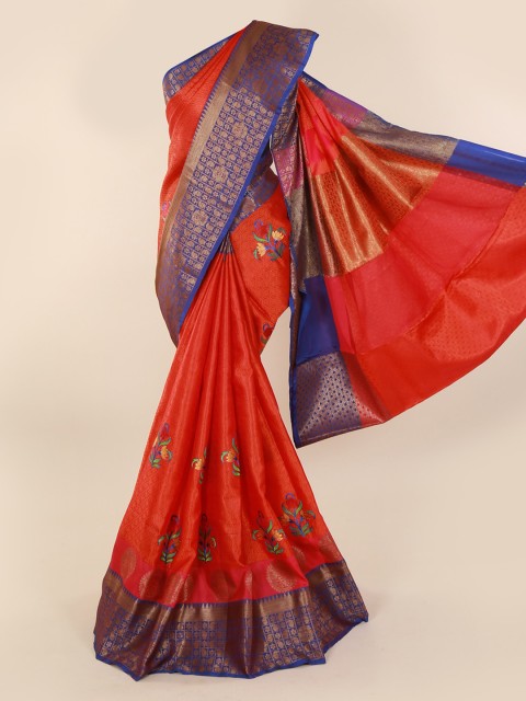 

Pothys Orange & Navy Blue Cotton Blend Woven Design Saree