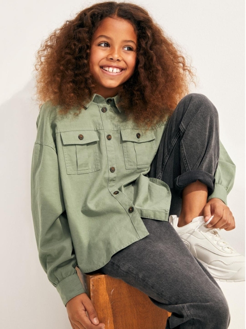 

H&M Girls Olive Green Solid Utility Shirt