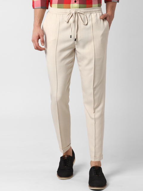 

Peter England Men Cream-Coloured Tapered Fit Solid Regular Trousers