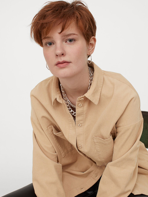 

H&M Women Beige Solid Oversized Corduroy Shirt
