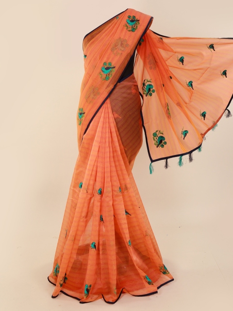 

Pothys Orange & Green Supernet Embroidered Saree