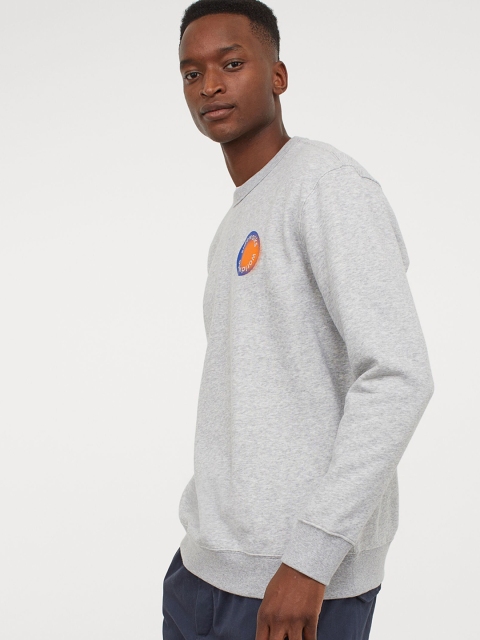 

H&M Men Grey Melange Motif-Detail Sweatshirt