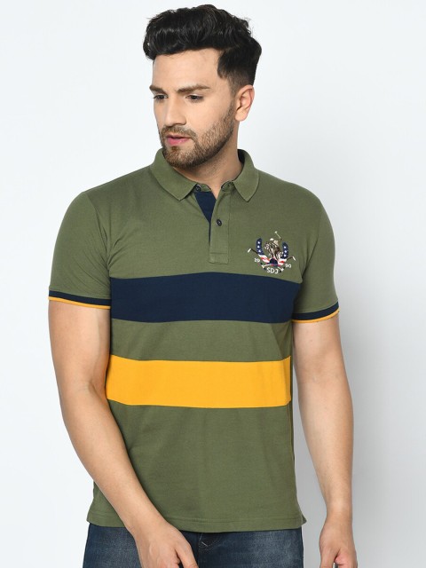 

Duke Men Olive Green Striped Polo Collar T-shirt