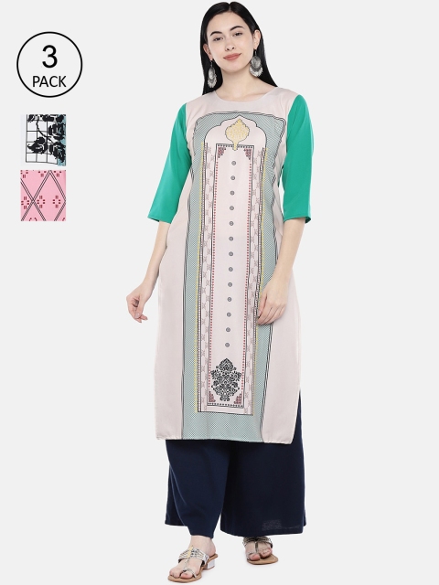 

7Threads Women Pack of 3 Printed Straight Kurtas, Multi