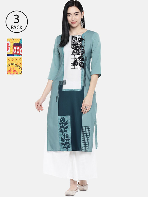 

7Threads Women Pack of 3 Multicoloured Printed Straight Kurtas, Multi
