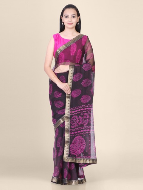

Hastakala Black & Pink Pure Chiffon Printed Banarasi Saree