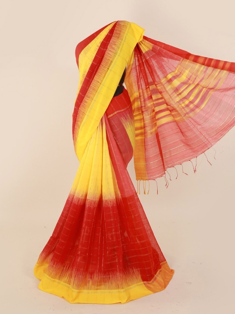 

Pothys Yellow & Red Cotton Blend Colourblocked Saree