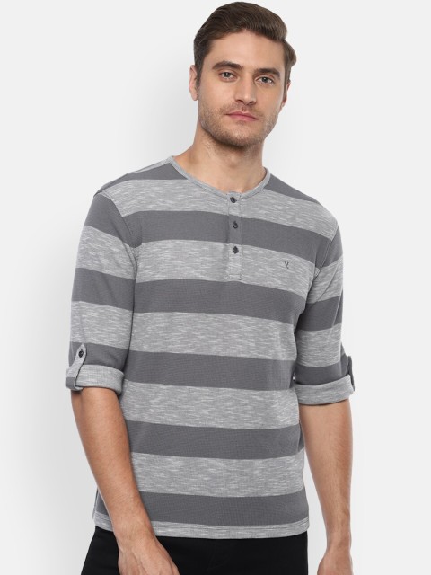 

V Dot Men Grey Striped Cotton Henley Neck Pure Cotton T-shirt