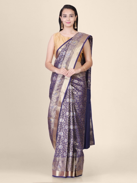 

Hastakala Navy Blue & Gold-Toned Pure Silk Printed Kanjeevaram Saree