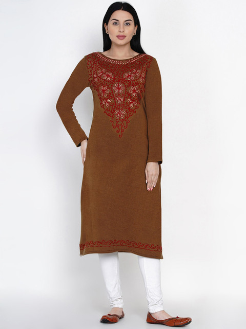 

FABNEST Women Brown Embroidered Straight Kurta