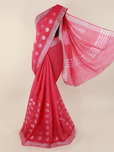 

Pothys Magenta & Silver-Toned Linen Blend Woven Design Saree