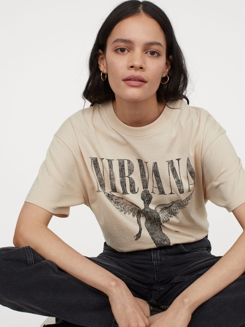 

H&M Women Beige Oversized Printed T-shirt, Multi