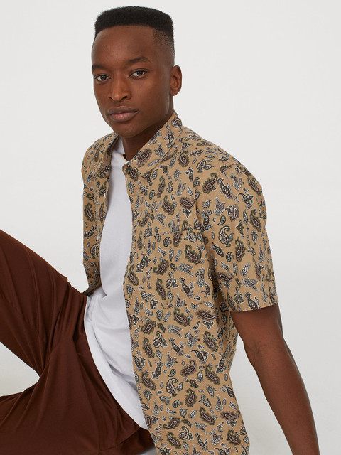 

H&M Men Beige & Brown Printed Cotton Shirt Regular Fit