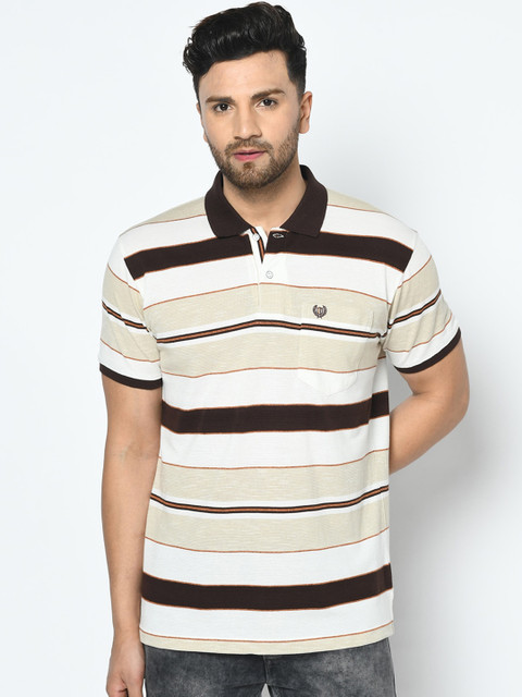 

Duke Men Brown Striped Polo Collar T-shirt