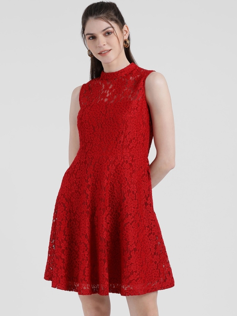 

Zink London Women Red Self Design Fit and Flare Dress