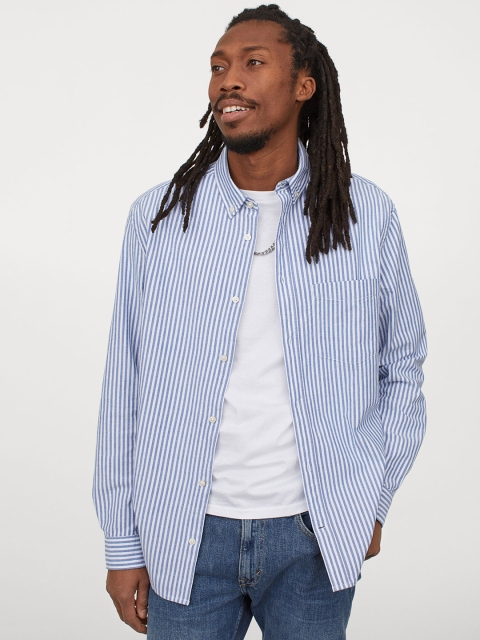 H&M Men Blue & White Regular Fit Oxford Shirt