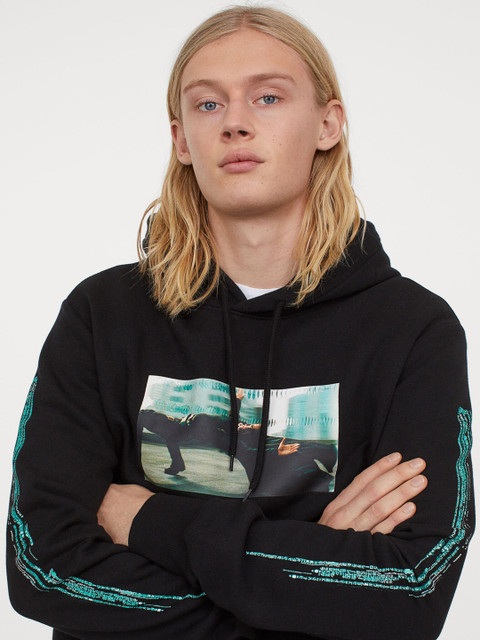 

H&M Men Black Printed Hooded Top