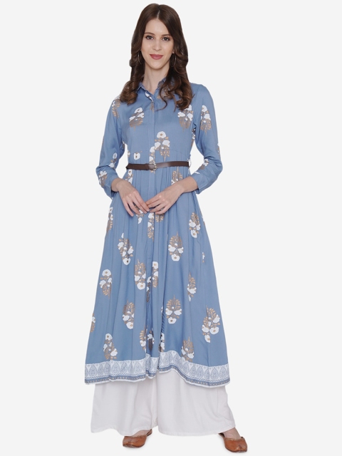 

Vedic Women Blue & Off-White Printed A-Line Kurta