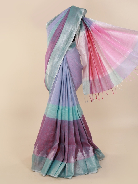 

Pothys Multicoloured Colourblocked Pure Linen Saree, Multi