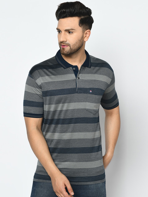 

Duke Men Blue Striped Polo Collar T-shirt
