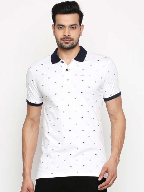 

People Men White & Navy Blue Printed Polo Collar T-shirt