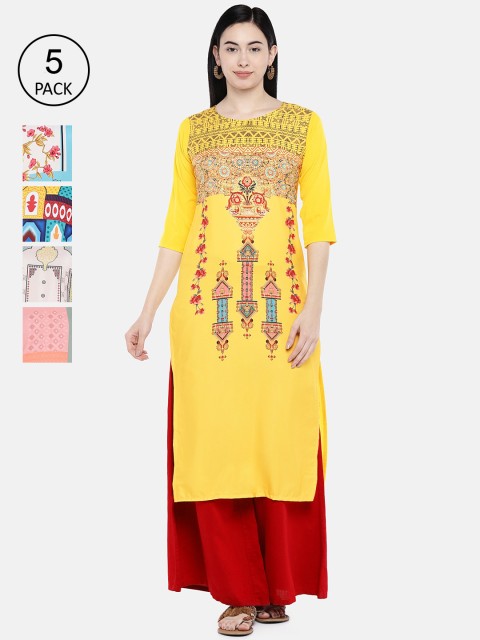 

7Threads Women Pack of 5 Multicoloured Printed Straight Kurtas, Multi