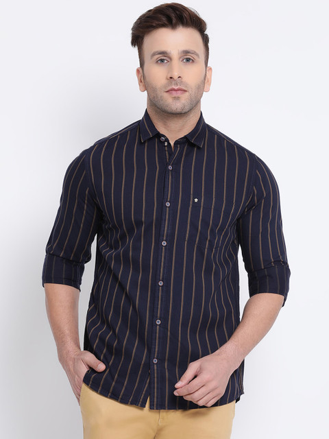 

Turtle Men Navy Blue Modern Slim Fit Striped Cotton Casual Shirt