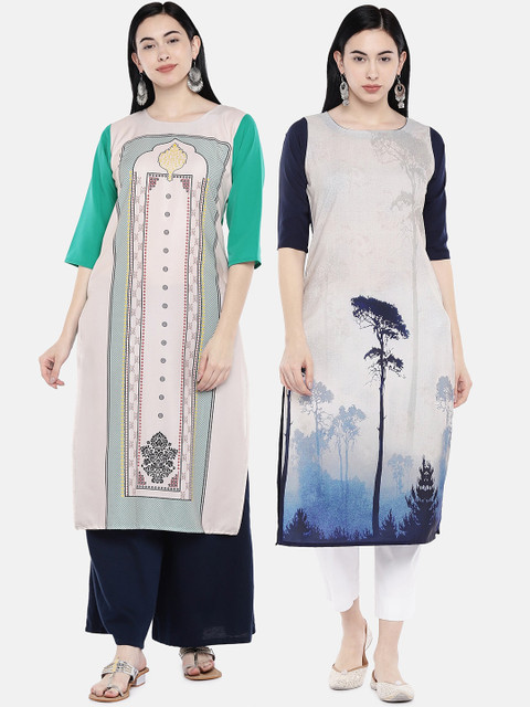 

7Threads Women Pack of 2 Multicoloured Printed Straight Kurtas, Multi