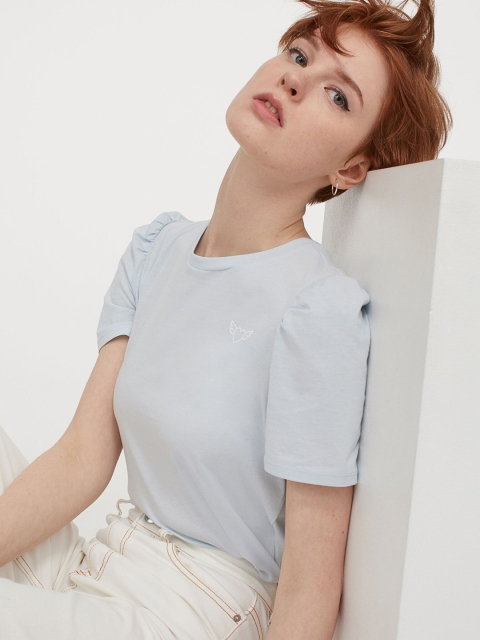 

H&M Women Blue Solid Puff-Sleeved Top