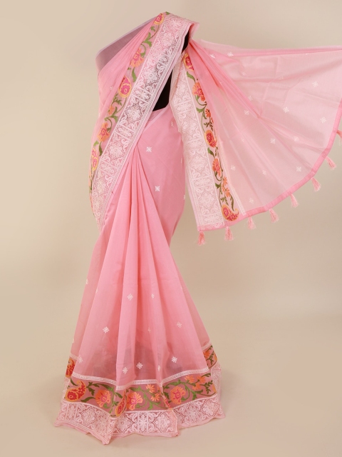 

Pothys Pink & White Cotton Blend Embroidered Saree